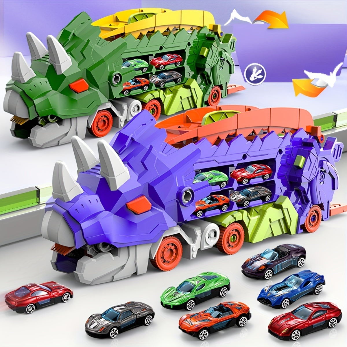 Triceratops Transport Truck 3-in-1 Speelset | Transformeerbaar Spoorweg-Lanceervoertuig | Inclusief Meerdere Metaalauto’s | Voor 3+ Jaar | Paars & Groen