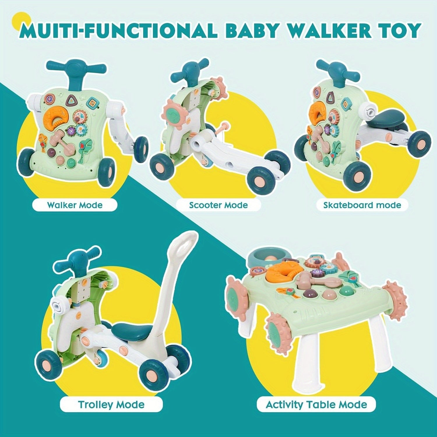 6-in-1 Baby Loopwagen met Activiteitencentrum – Educatief Loopwagentje voor Peuters Jongens & Meisjes