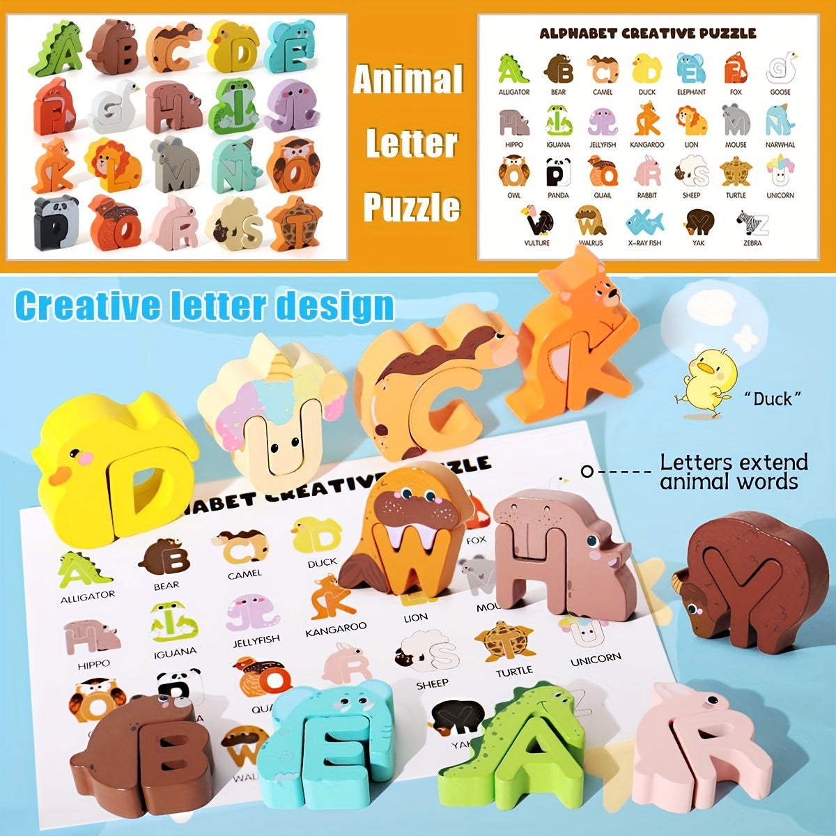52-delige Houten Alfabet- en Dierenpuzzelset | Educatief voor Kinderen (3-6 Jaar)