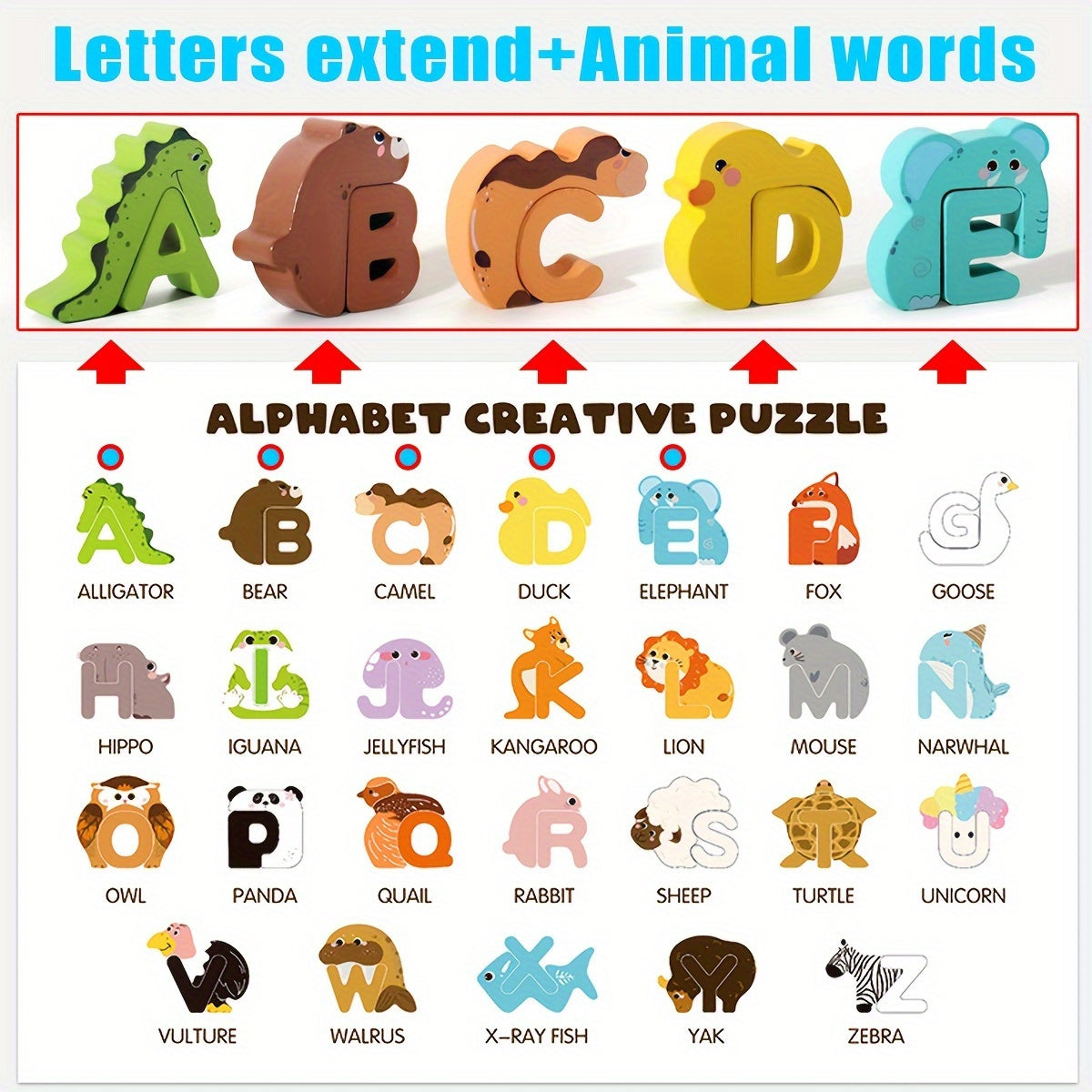 52-delige Houten Alfabet- en Dierenpuzzelset | Educatief voor Kinderen (3-6 Jaar)