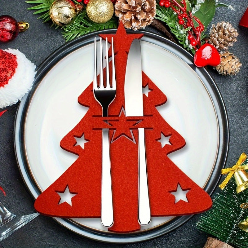 Kerstboom Bestekhouders Set van 12 | Feestelijke Vilt Zakjes voor Bestek | Tafelinstelling voor Kerst en Paasfeest