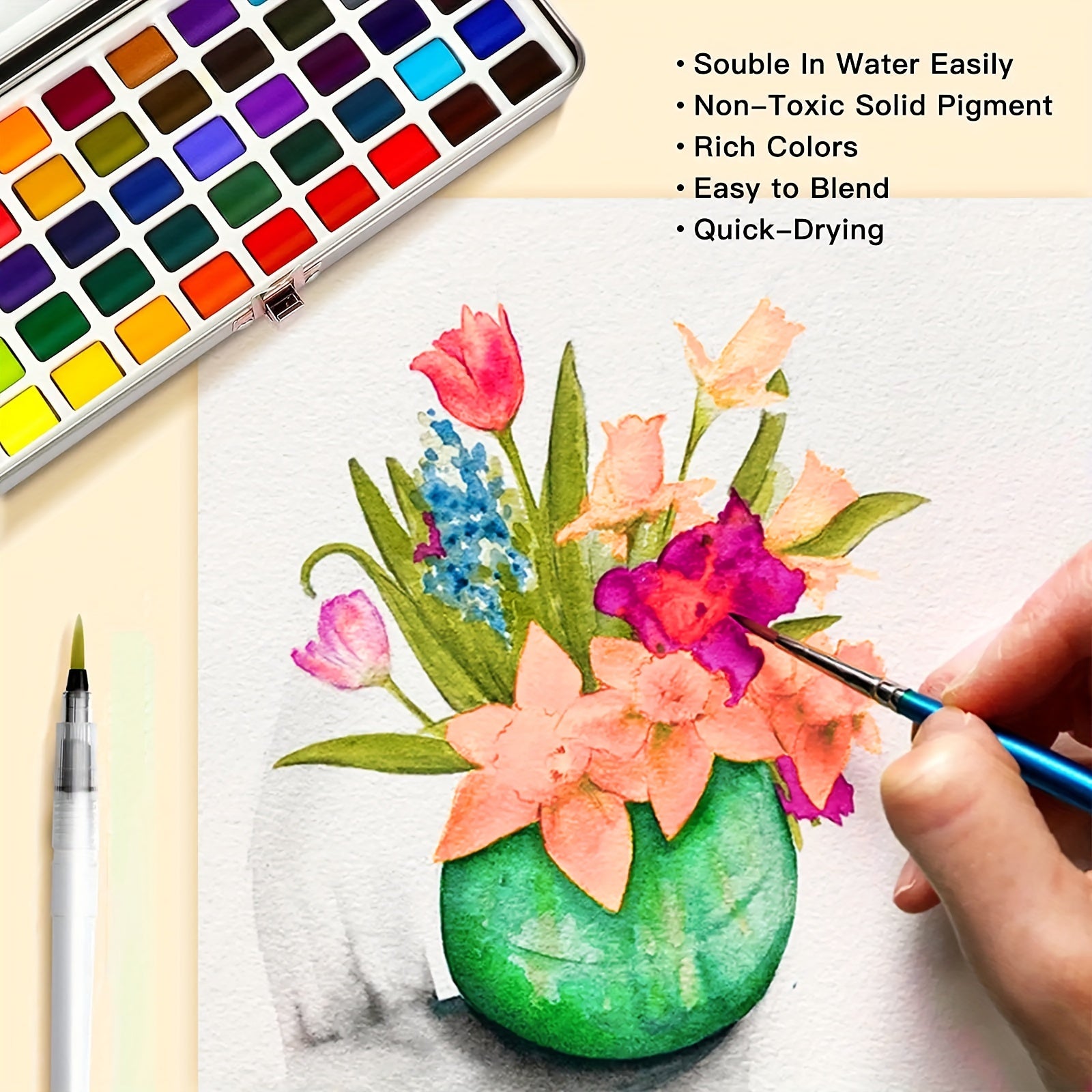 Luxe Waterverfset | Metalen Doos met Kwalitatieve Pigmenten voor Kunstenaars & Studenten|Educatief speelgoed