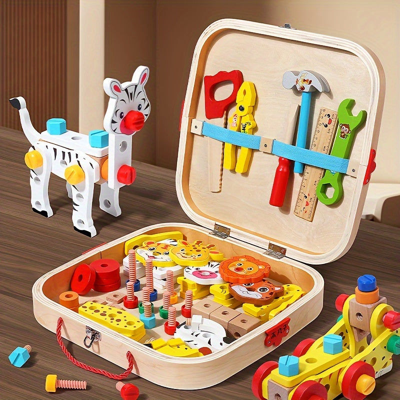 Houten Gereedschapskist met Dieren – Educatief Bouwspeelgoed voor Jongens & Meisjes