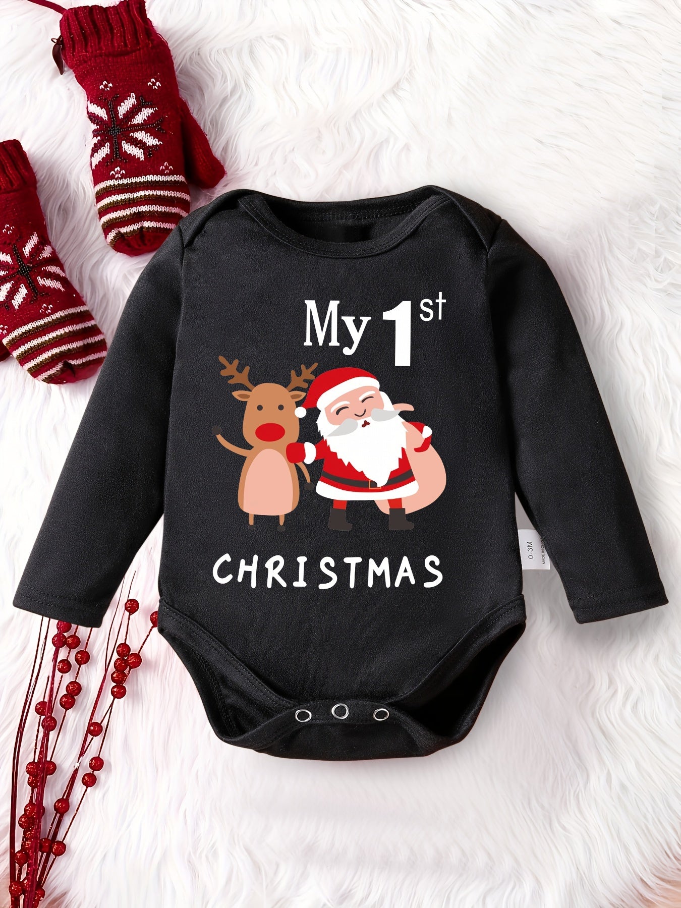 'Mijn 1e Kerst' Kerstman Print Romper met Lange Mouwen voor Kinderen | Zachte, Comfortabele Polyester Baby Onesie voor Kerstmis, Dagelijks Gebruik, Feestdagen en Fotoshoots