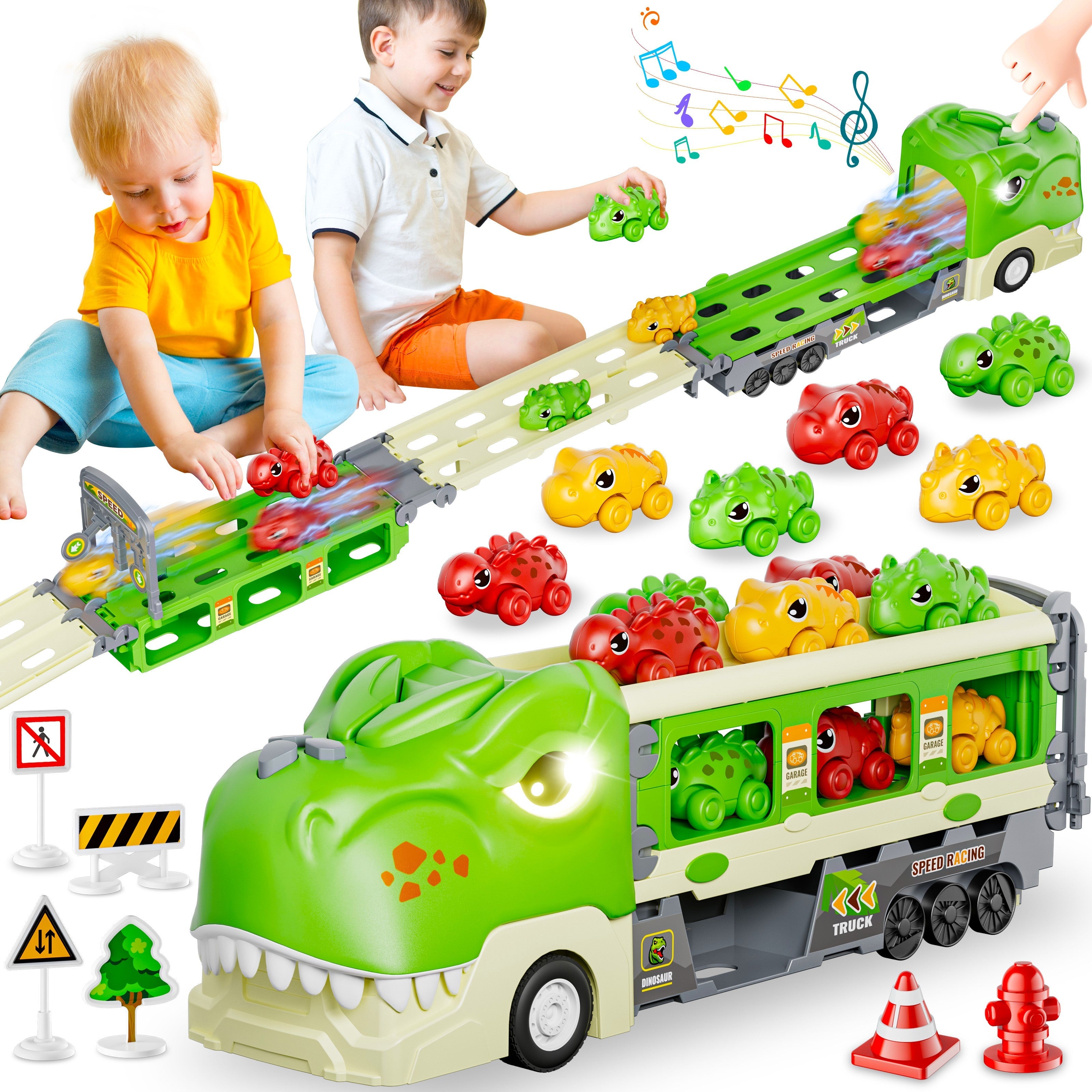 Dinosaurus Speelgoed Truck | 2-in-1 Transporter met Racebaan