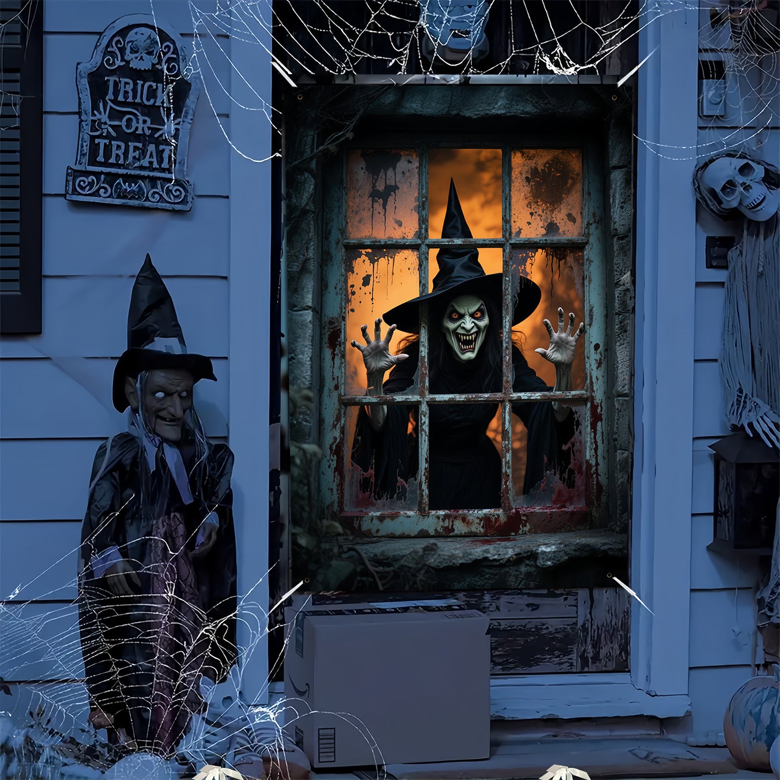 Halloween Party Banner | Grote polyester wanddecoratie met heks design, 200x120 cm, indoor/outdoor