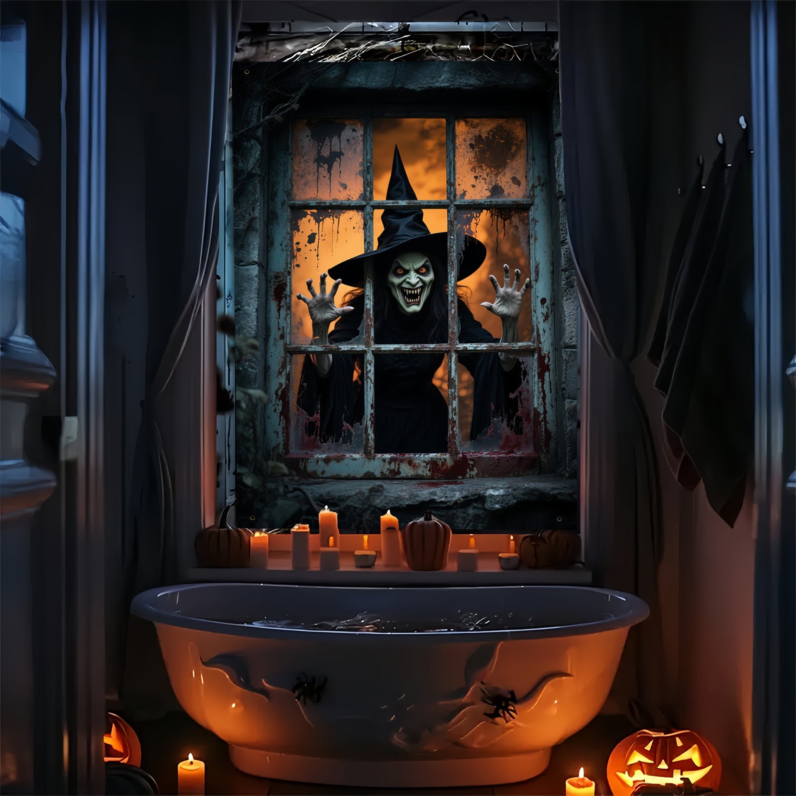 Halloween Party Banner | Grote polyester wanddecoratie met heks design, 200x120 cm, indoor/outdoor