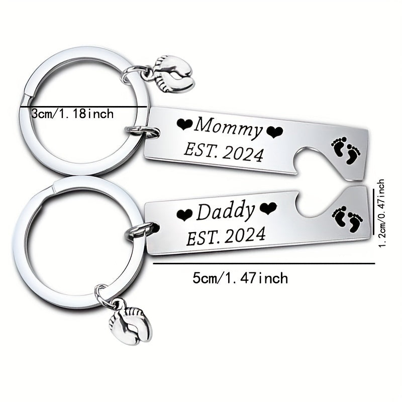 1 Paar Herdenkings Sleutelhangers van Roestvrij Staal Gegraveerd, Ideaal Geschenk voor Nieuwe Vader en Moeder