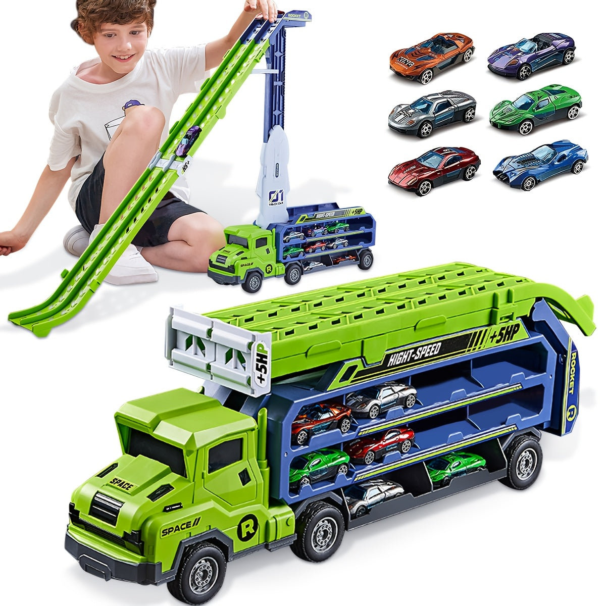 3-in-1 Transformeerbare Auto Speelset | Met Raketlanceerder, Inertiaal Slide & Vouwbare Vrachtwagen | STEM Educatief Speelgoed voor 3+ Jaar | Inclusief Metaalauto's