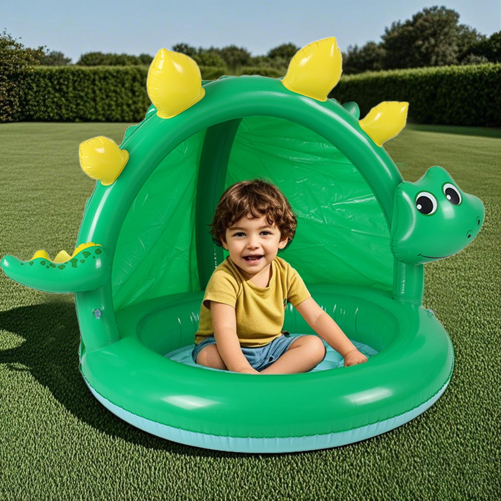 Groen Dino Opblaasbaar Kinderzwembad met Zonnescherm – Zomers Buitenspeelgoed voor Peuters vanaf 2 Jaar