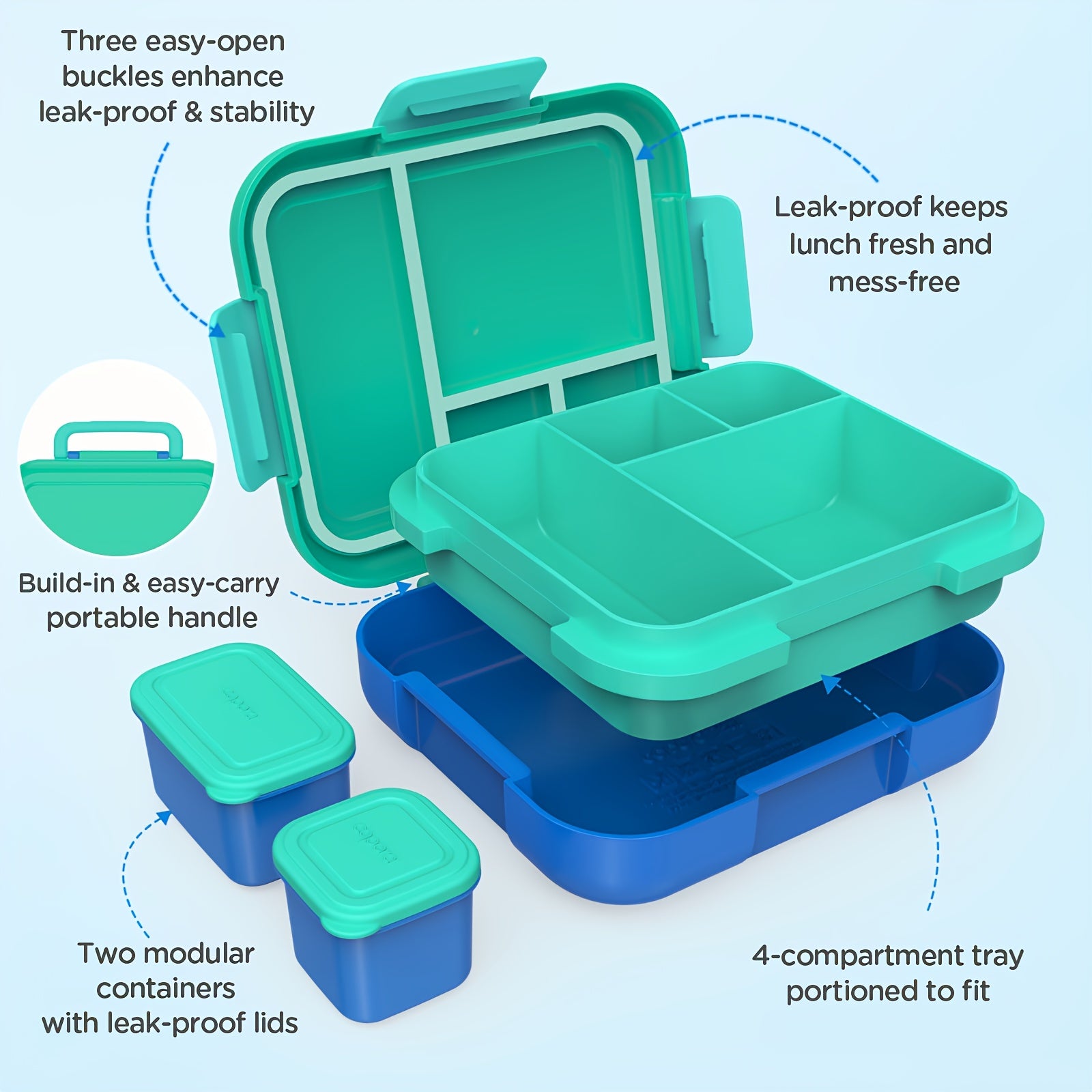 Caperci Bento Lunchbox 4 Compartimenten | Jungle Green/Blue – Grote Capaciteit, Lekvrij & Vaatwasser-/Magnetronbestendig