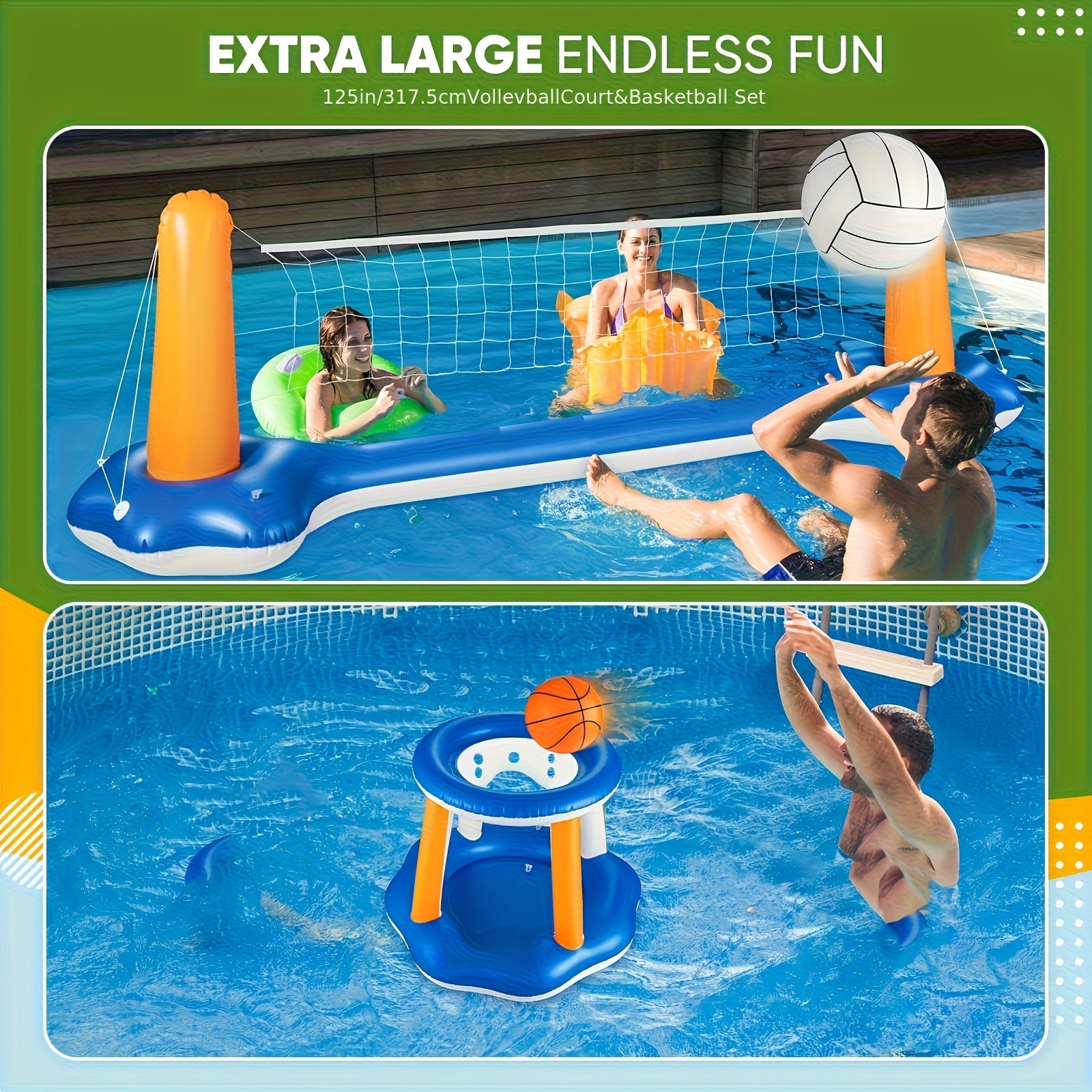 Opblaasbaar Zwembad Speelset – 305cm Volleybalnet & Basketbalring | Waterplezier voor Volwassenen & Tieners (14+)