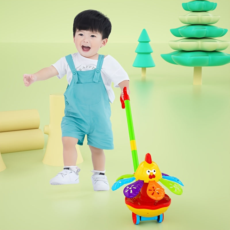 Vrolijk Duwfiguur met Duwstok voor Peuters vanaf 18 Maanden - Loopspeelgoed Schildpad of Kip voor Jongens en Meisjes - Interactief Cadeau voor Baby's Eerste Stapjes