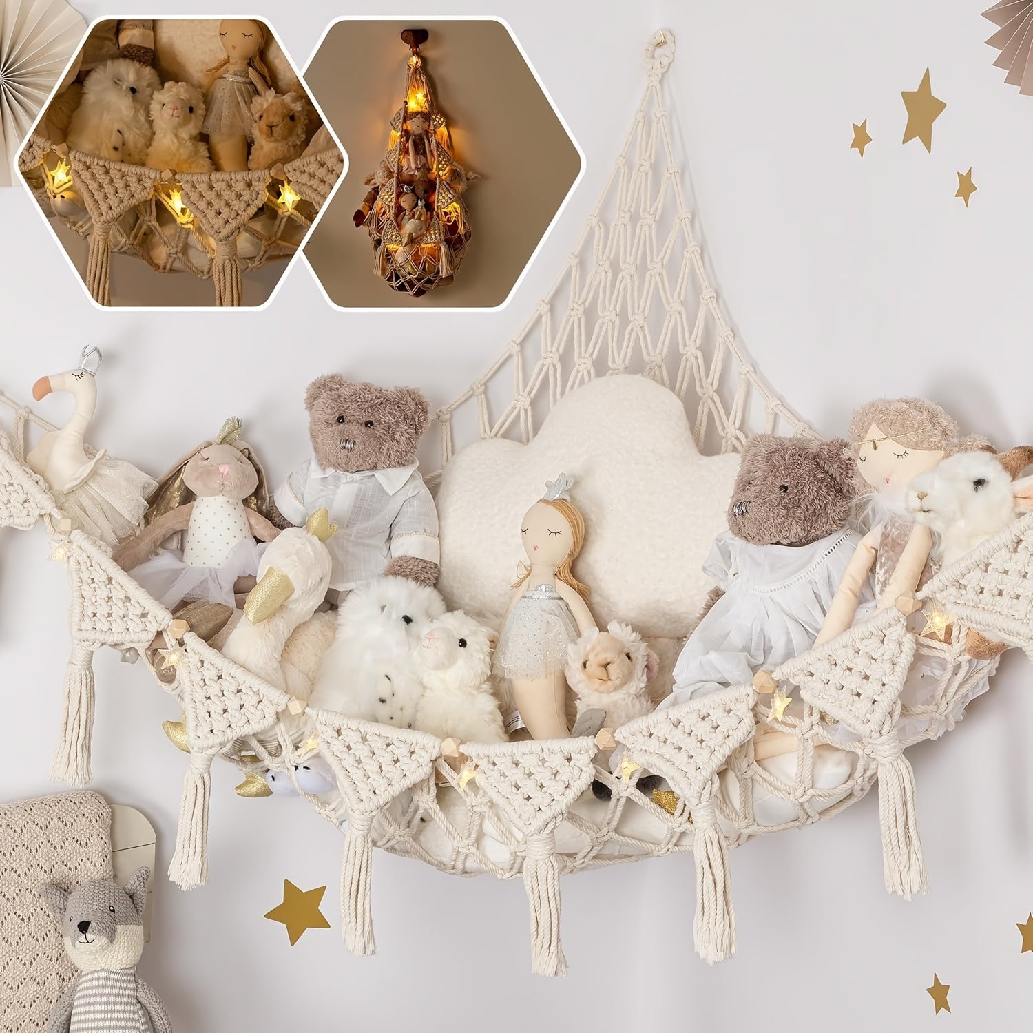 Cozy Witte Macrame Dierenhammok | Jumbo Speelgoed Organisator met LED Licht | Ideaal voor Knuffels, Beren en Zwanen | Perfect voor Kinderkamer en Slaapkamer Decor