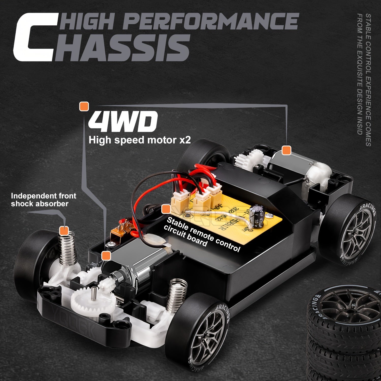 [1 stuk 2.4GHz 4WD RC Drift Auto] - 1:24 RC Drift Auto met Knipperende Lichten, 4WD Hoge-Snelheid Raceauto, Dual Tire Set voor Snelheid & Drift, Inclusief 500mAh Oplaadbare Batterij, USB Oplader, Kegels & Gereedschap