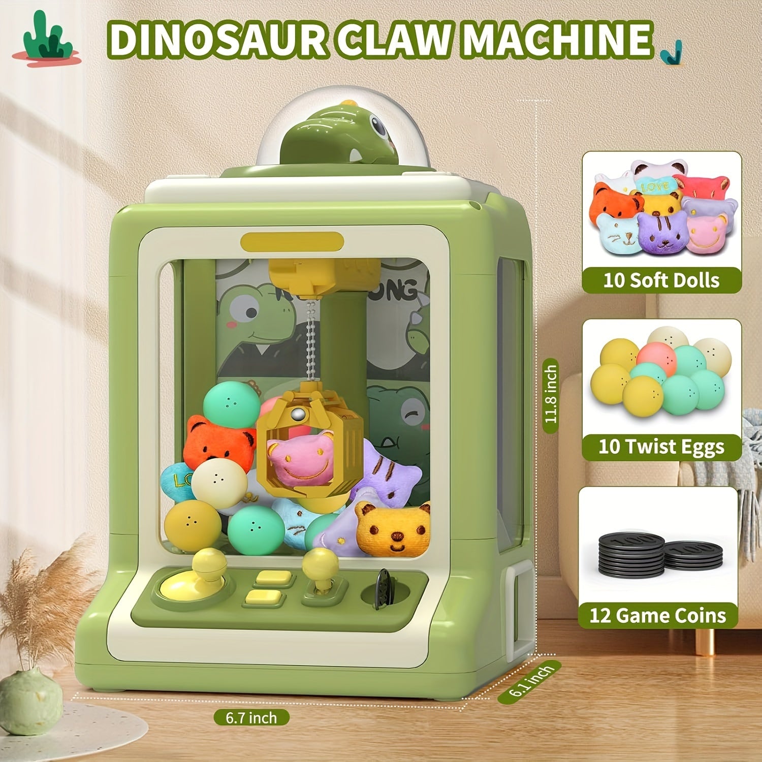 Mini-dinosauruskrabmachine voor kinderen | Bevat 10 poppen en 10 draaiende eieren, snoepmachine met muziek, perfect cadeau voor kinderen