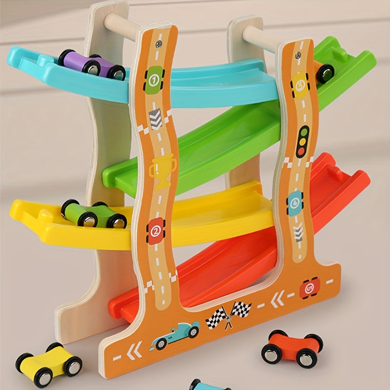 Houten Racebaan Set met Glijauto's | Educatief Speelgoed voor Ruimtelijk Inzicht & Oog-Hand Coördinatie Training Kerstcadeau voor 3+ Jaar