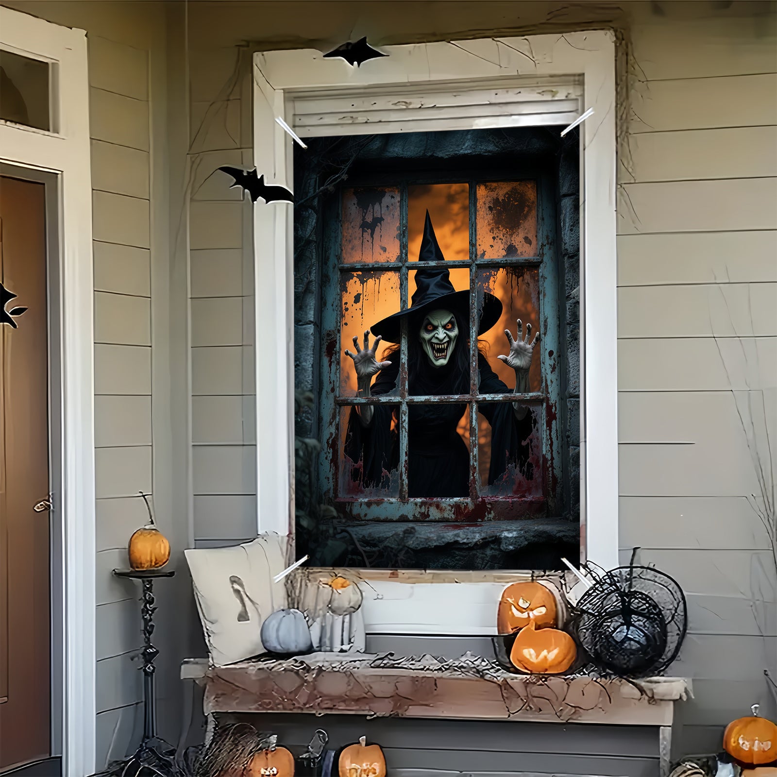 Halloween Party Banner | Grote polyester wanddecoratie met heks design, 200x120 cm, indoor/outdoor