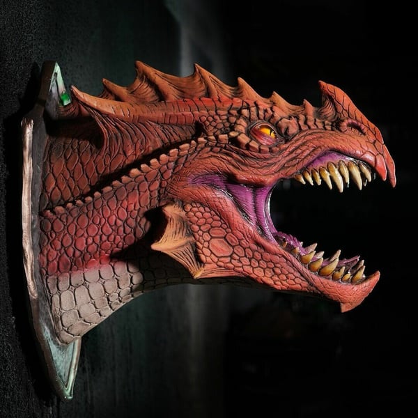 Epische Drakenkop Muurdecoratie met Rook en LED Vuur - Handgemaakt Fantasy Kunstwerk voor aan de Muur - Uniek Cadeau voor DND en Fantasy Liefhebbers