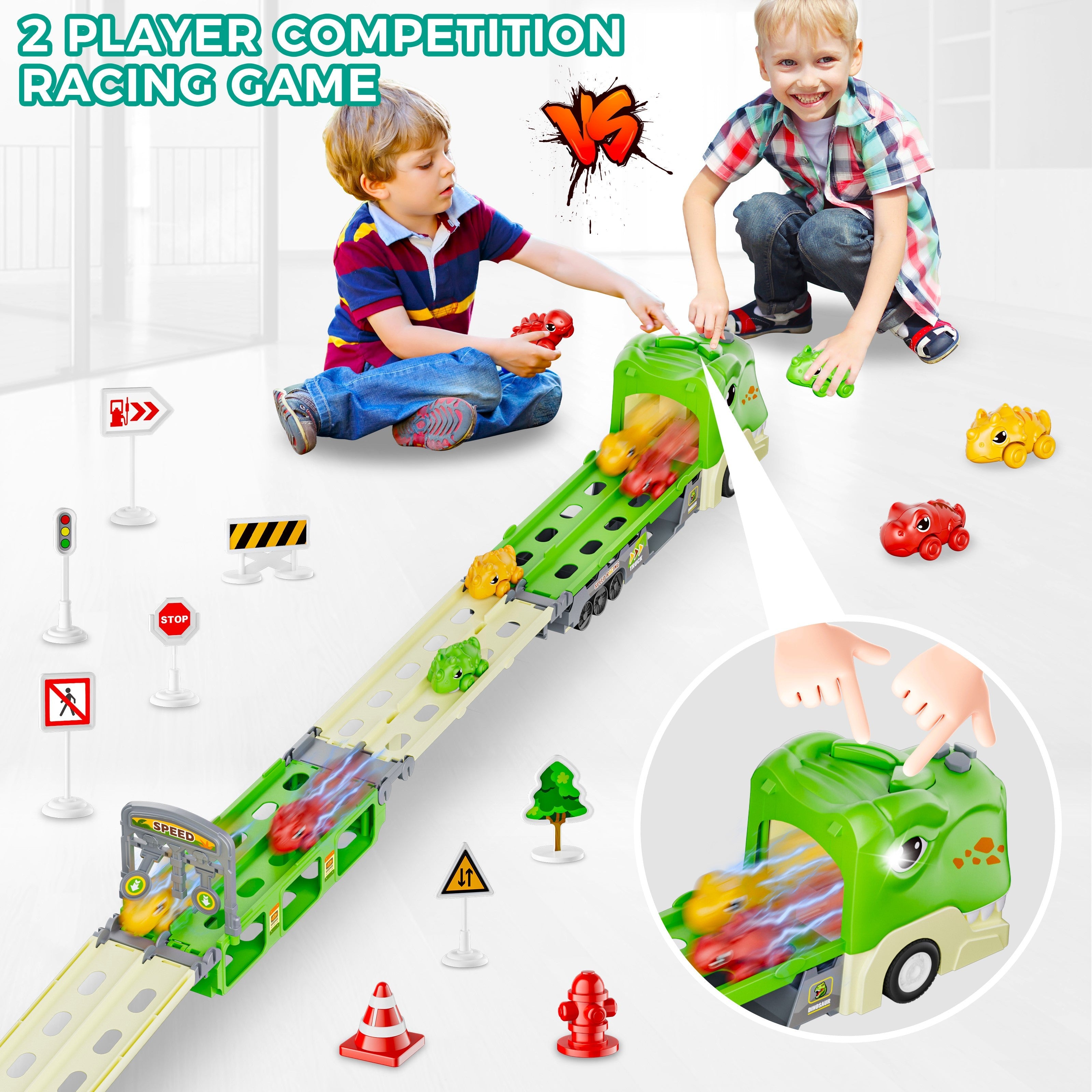 Dinosaurus Speelgoed Truck | 2-in-1 Transporter met Racebaan