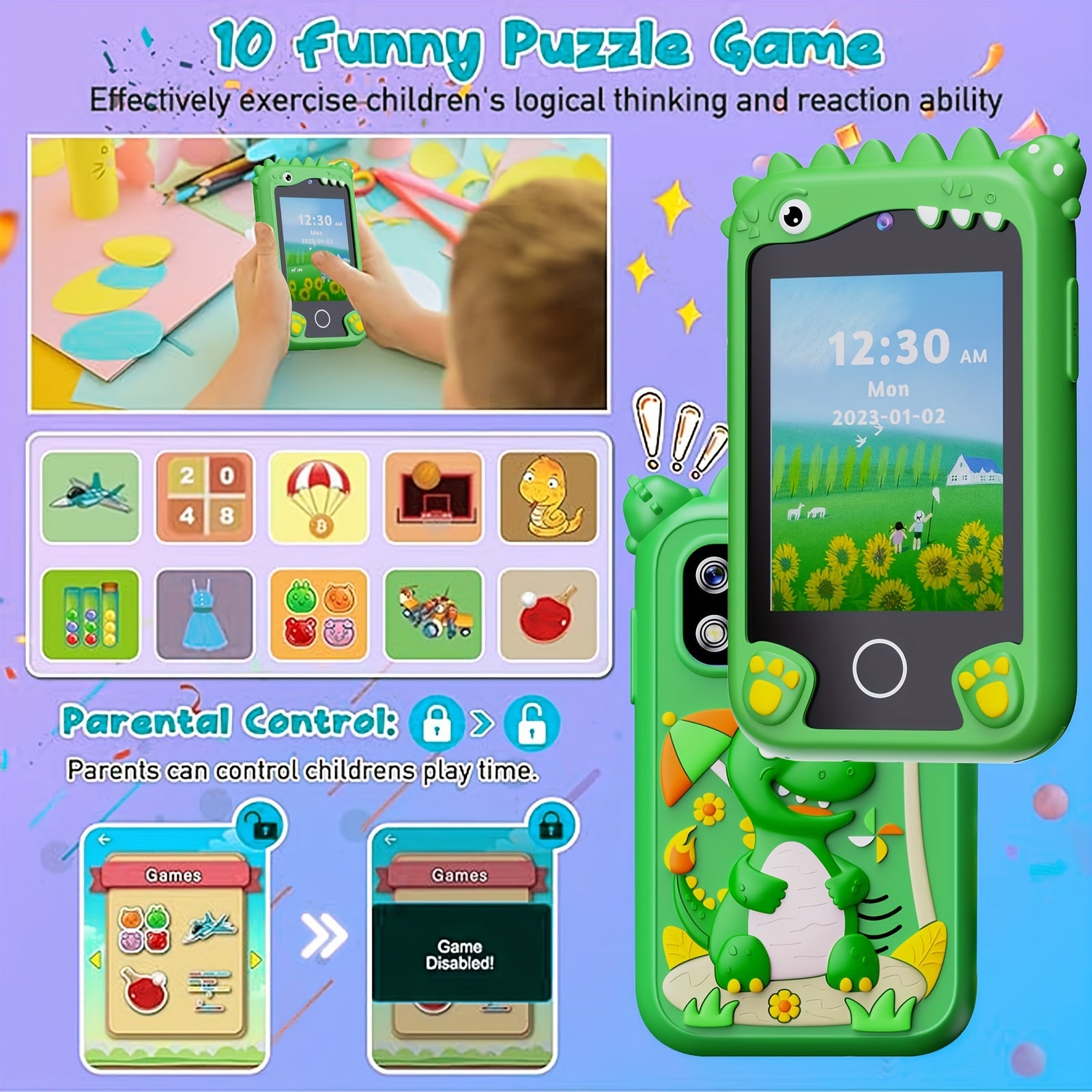 Kindvriendelijke Smartphone met Dual Camera voor Kinderen 3-10 Jaar - Educatief Speelgoedtelefoon Dinosaurus met 8GB SD Kaart