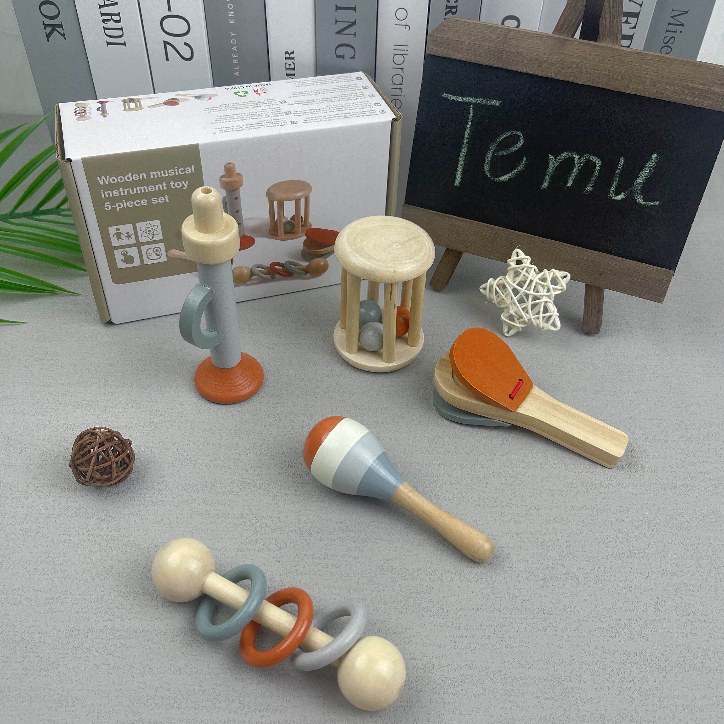 Vijfdelige Set Orff Muziekinstrumenten Houten Speelgoed | Bel, Handgrijprammelaar, Zandhamer, Becken en Ring Combinatieset | Geschikt voor Kalmerende 18-Maand-Oude Kinderen