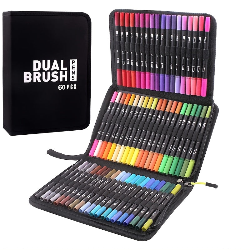 Dual Brush Art Markers Set 60-delig | Professionele Dubbele Tekenstiften voor Volwassenen – Kleuren, Bullet Journaling & Schetsen