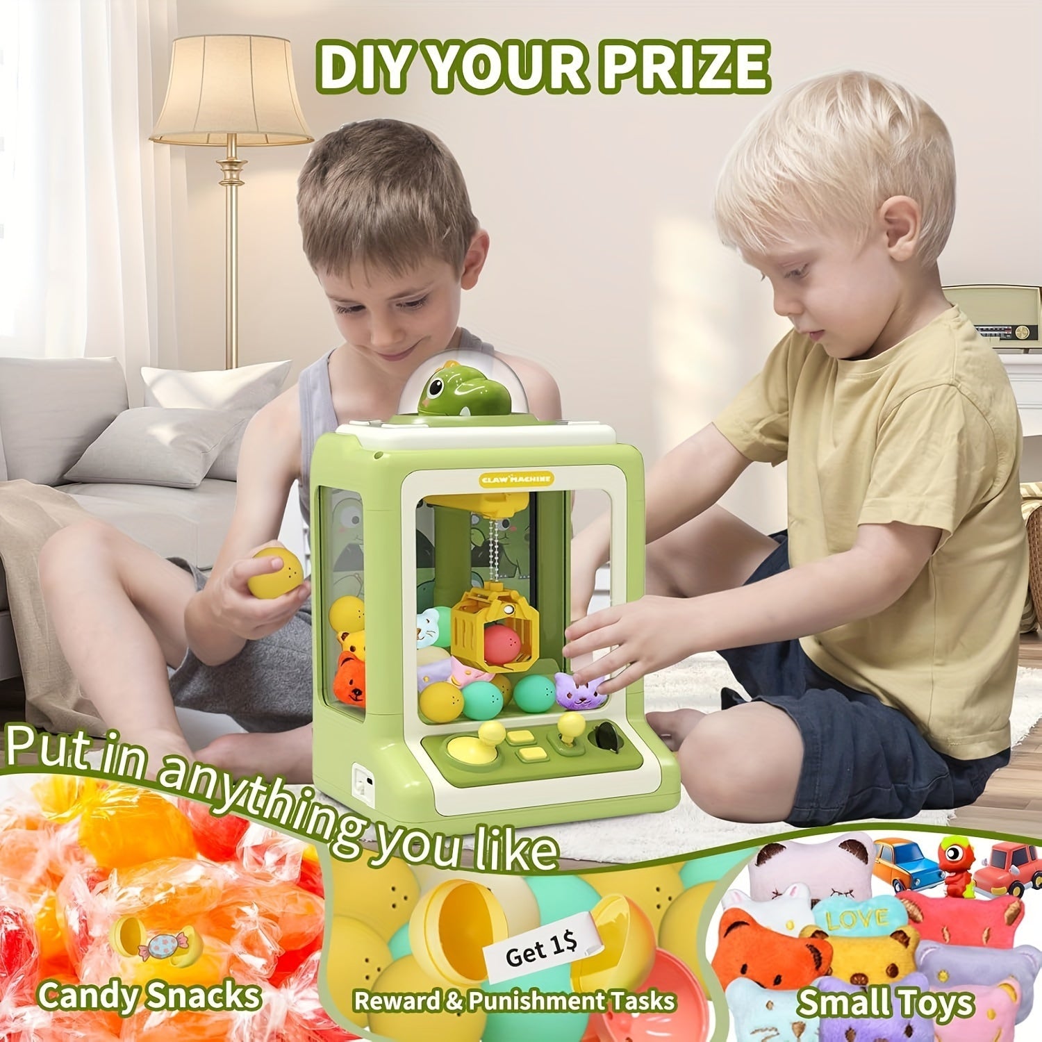 Mini-dinosauruskrabmachine voor kinderen | Bevat 10 poppen en 10 draaiende eieren, snoepmachine met muziek, perfect cadeau voor kinderen