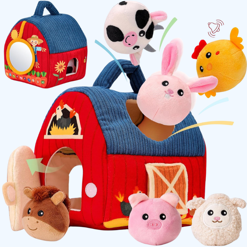 Baby Speelgoed voor 6-12 Maanden | Verrassingsschuur met Gevuld Boerderij Dieren & Zintuiglijk Speelgoed | Drukke Montessori Rammelaar & Spiegel | Perfect voor Peuters