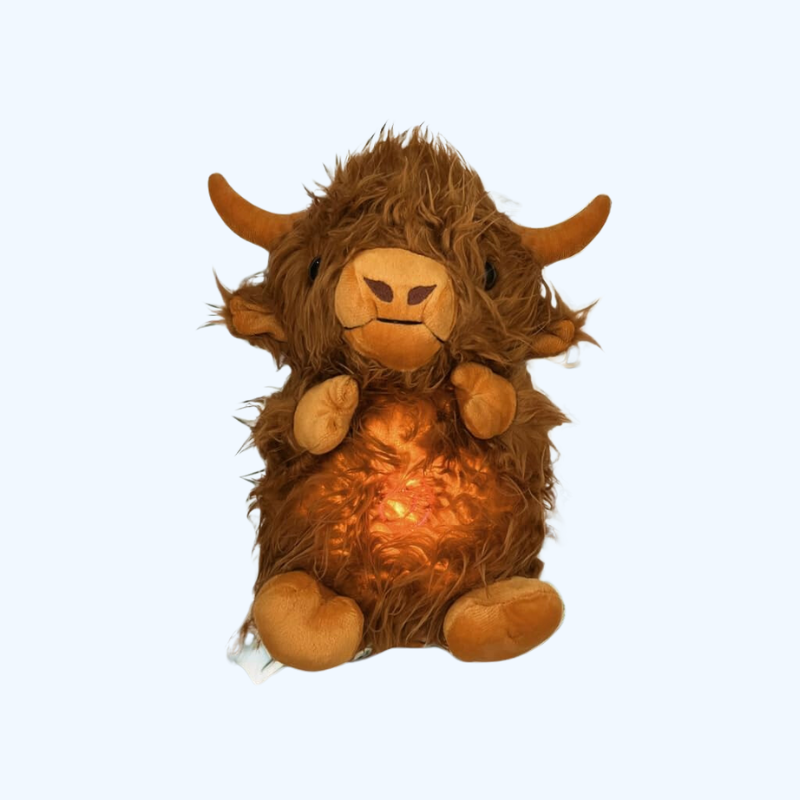 Hoogland Koe Knuffel | Ademend Pluche Voor Stressverlichting | Muziek & Realistische Beweging | Cute Pluche Speelgoed 3+