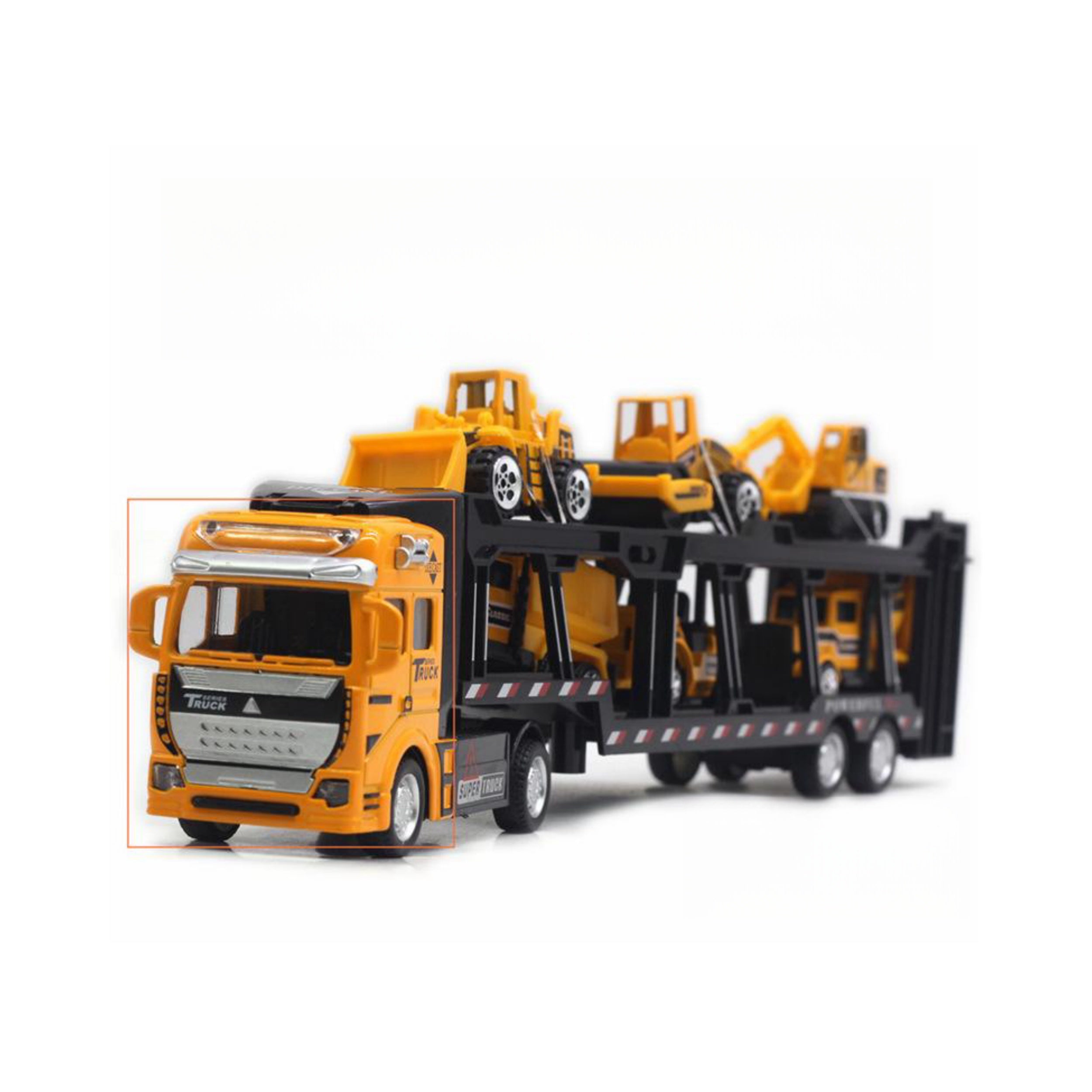 32cm Die-Cast Truck Set | 1x Vrachtwagen + 6 Mini Bouwvoertuigen | Vanaf 3 Jaar