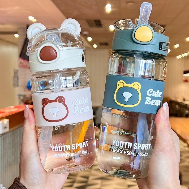 650ml beren drinkfles | Cartoon waterfles met rietje & handvat