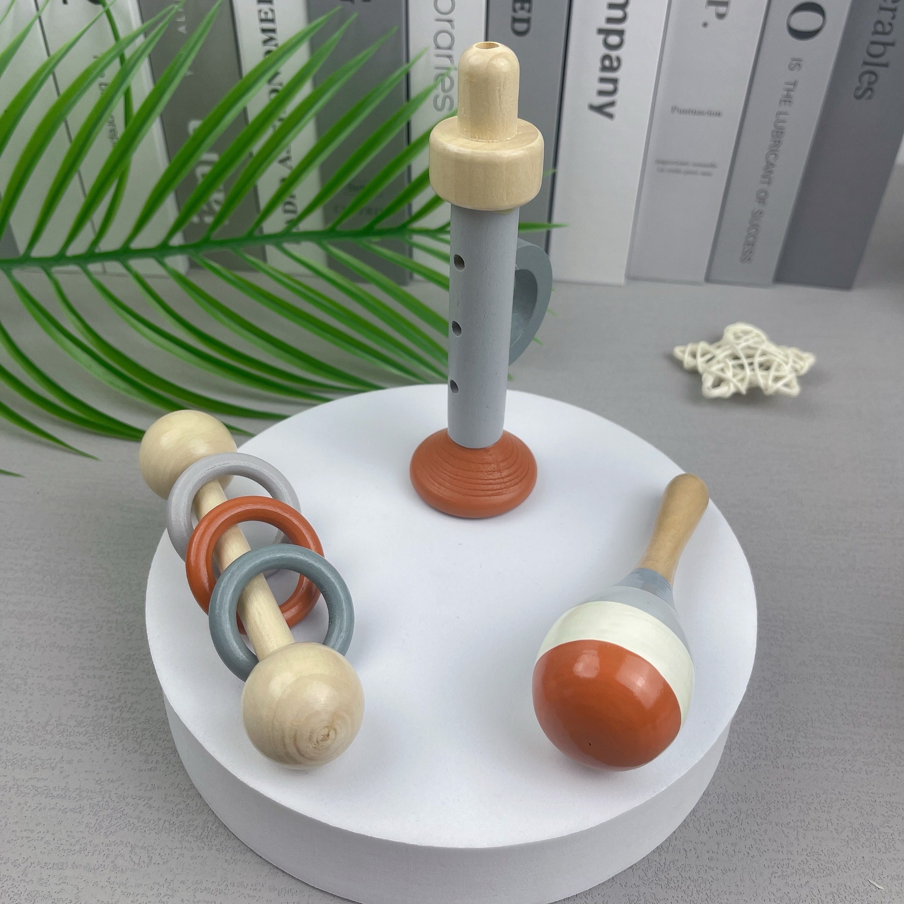 Vijfdelige Set Orff Muziekinstrumenten Houten Speelgoed | Bel, Handgrijprammelaar, Zandhamer, Becken en Ring Combinatieset | Geschikt voor Kalmerende 18-Maand-Oude Kinderen