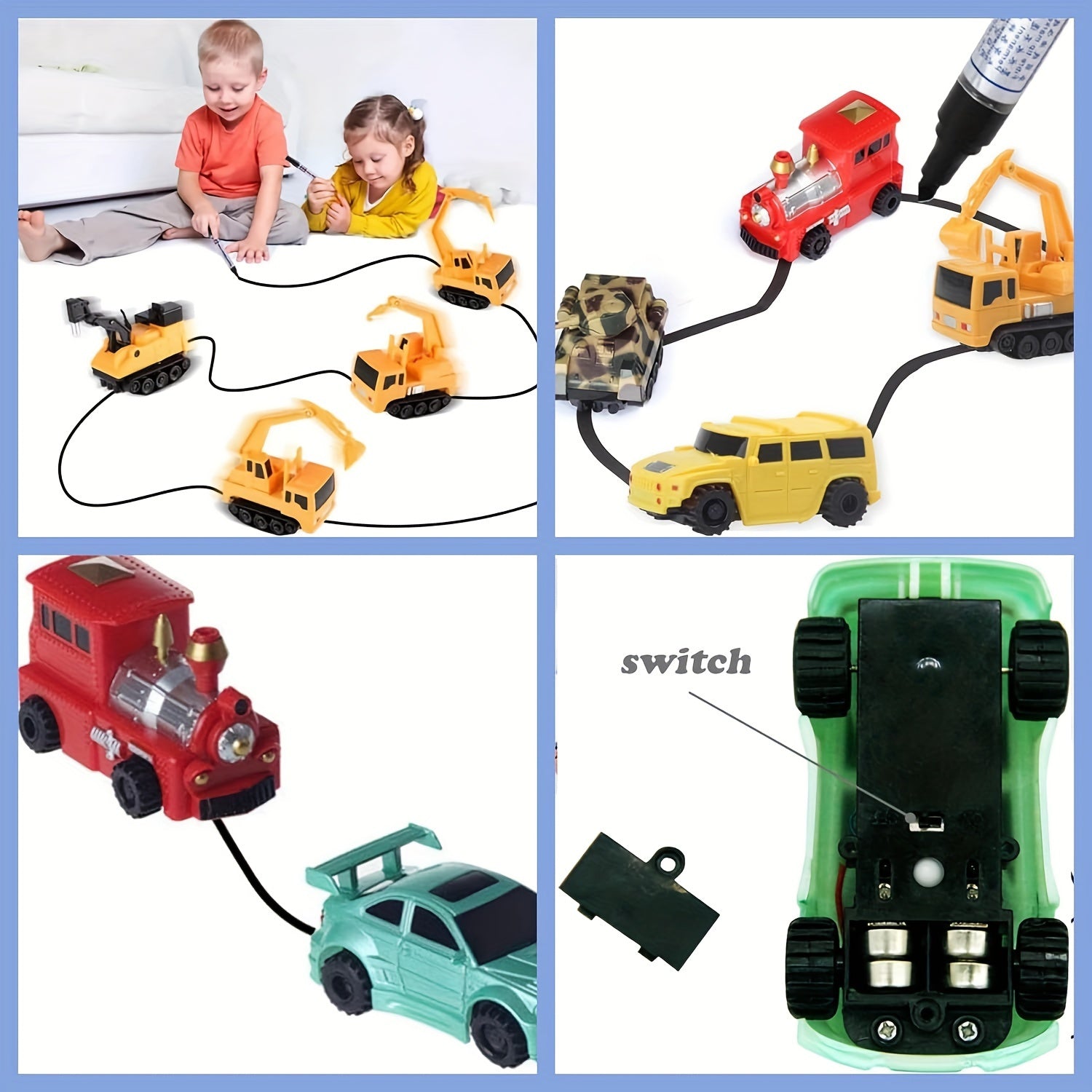 Creatief Tekenlijn & Volg Speelgoed Auto Set voor Jonge Kinderen - Inclusief Racen, Trein, Brandweerwagen, Schoolbus, Off-Road Voertuigen - Perfect Verjaardag, Kerst, Halloween Cadeau - Willekeurige Kleuren, Beste voor Kerst
