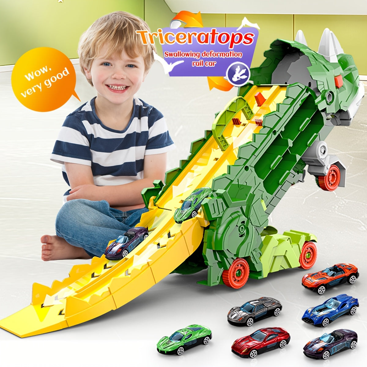 Triceratops Transport Truck 3-in-1 Speelset | Transformeerbaar Spoorweg-Lanceervoertuig | Inclusief Meerdere Metaalauto’s | Voor 3+ Jaar | Paars & Groen