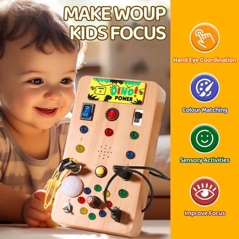 Dino Power Busy Board | ABS-materiaal, LED-verlichting, circuitbord speelgoed. Stimuleert focus, hand-oogcoördinatie en kleurenherkenning. Vanaf 18 maanden.