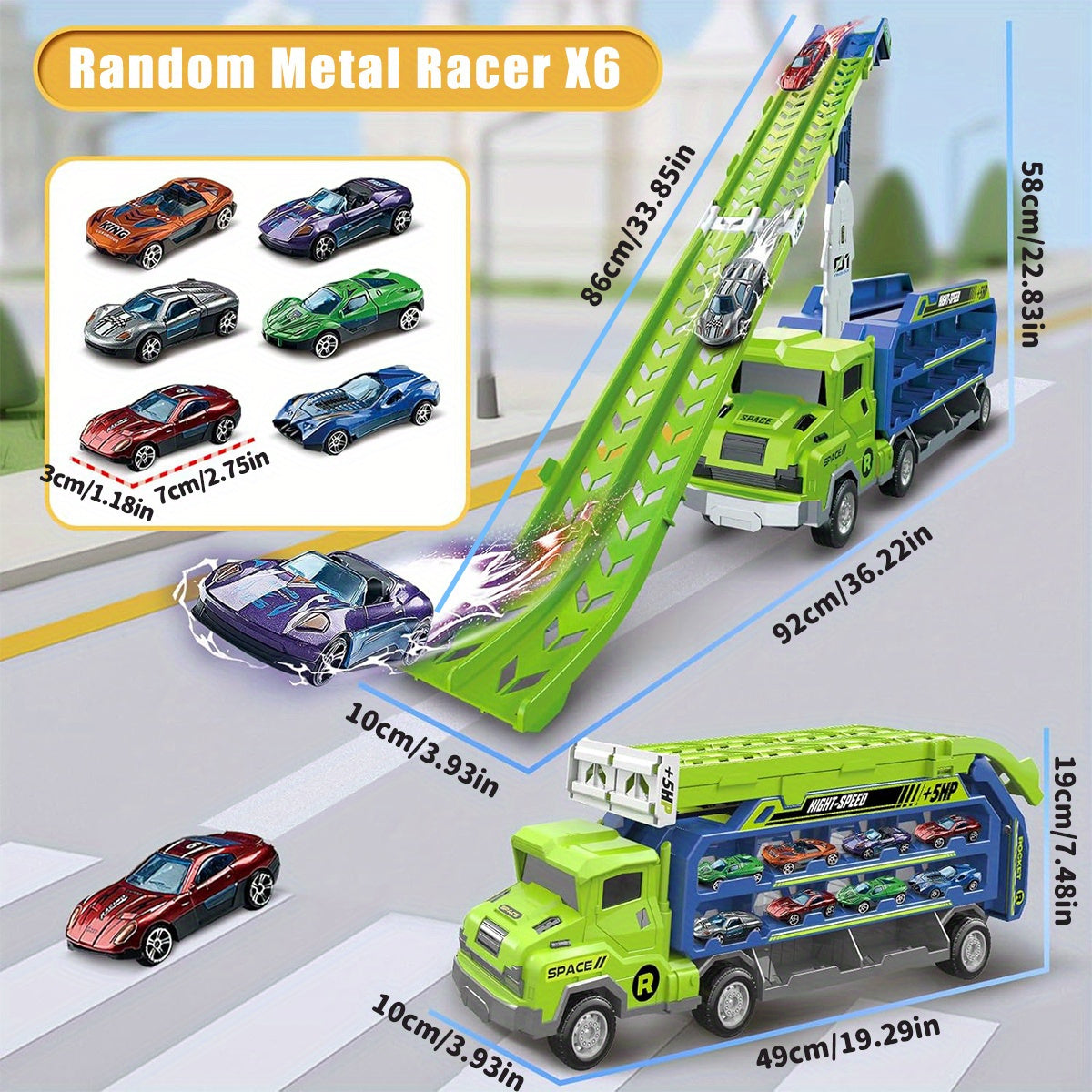 Dino Transport Truck & Racebaan Speelgoed | Wrijvingsvoertuig met Uitklapbare Racebaan | Inclusief Auto's | Cadeau voor 3-6 Jaar