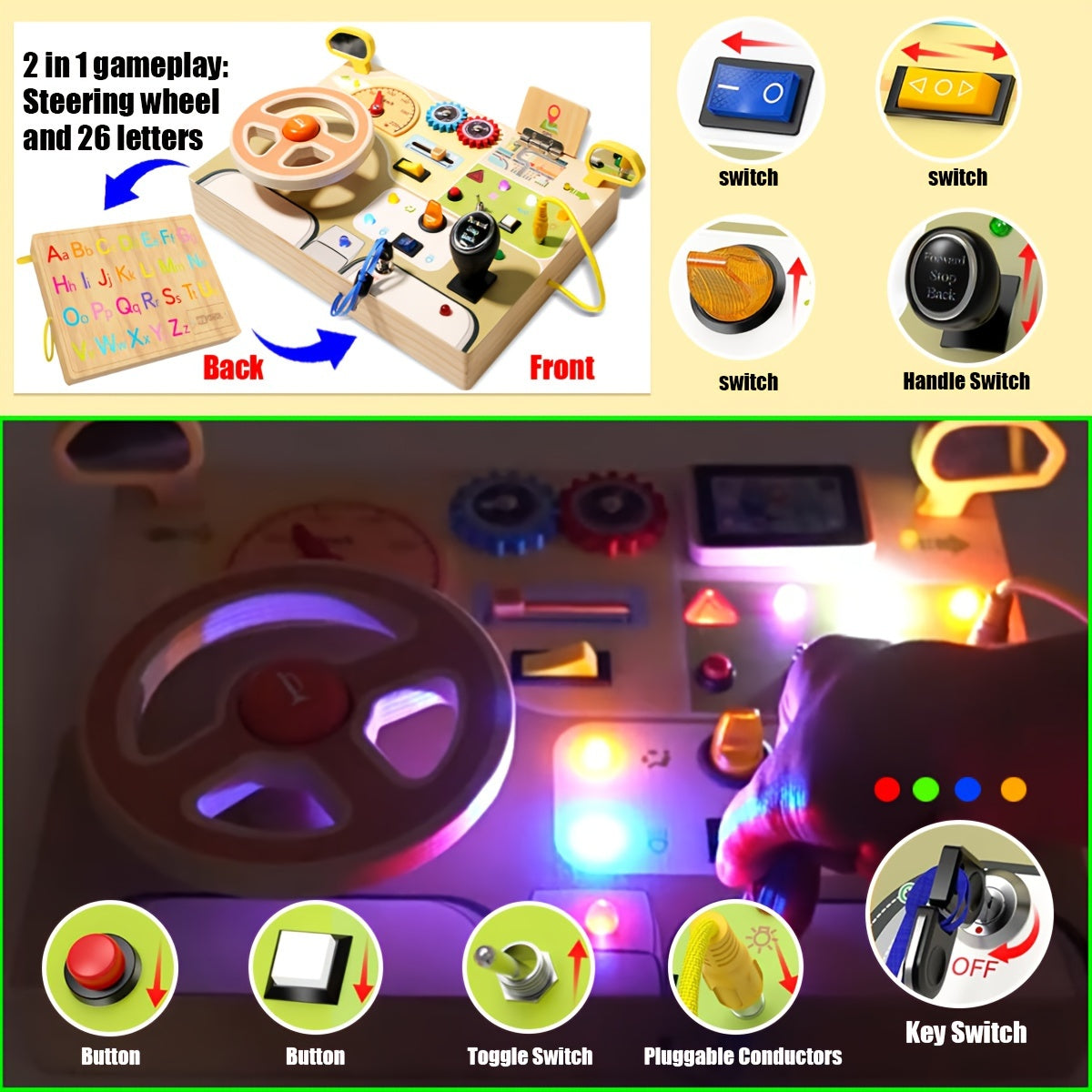 Interactief houten bord voor kinderen | Educatief stuurwiel met LED, muziek en sensorische activiteiten - Perfect reis speelgoed en cadeau voor Kerst/Halloween, assorti kleuren.