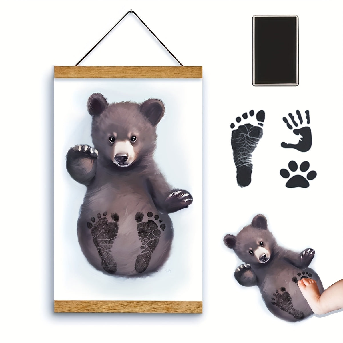 Kit Souvenir d'Empreintes de Bébé à Faire Soi-même - Cadre Bois et Boîte Cadeau pour Annonce de Naissance et Décoration de Chambre