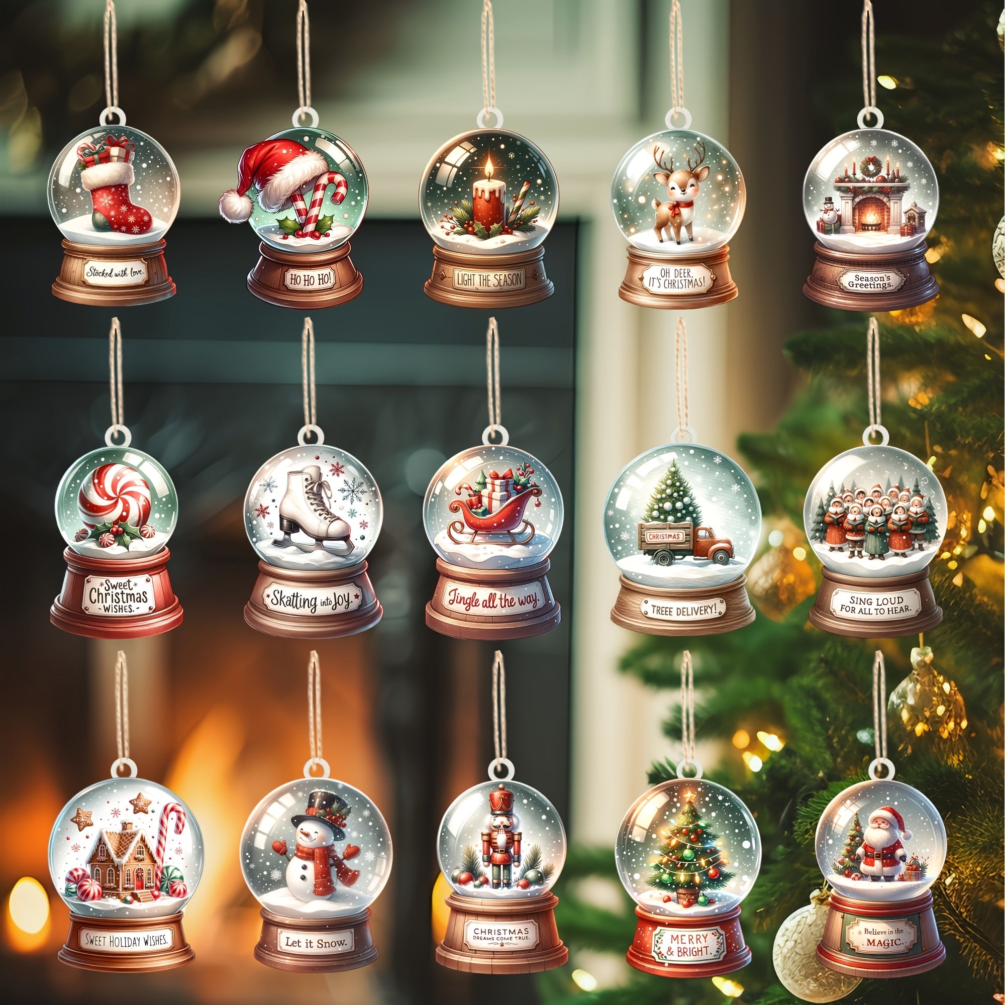 Set van 15 Houten Sneeuwbol Ornamenten - Kerstboom- en Huisdecoratie, Uniek Vakantiecadeau