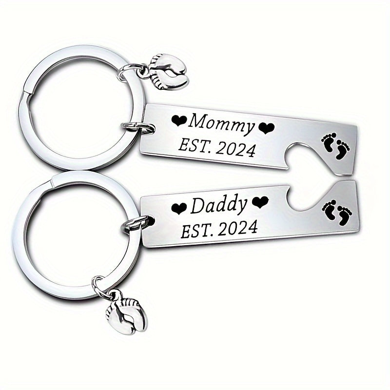 1 Paar Herdenkings Sleutelhangers van Roestvrij Staal Gegraveerd, Ideaal Geschenk voor Nieuwe Vader en Moeder
