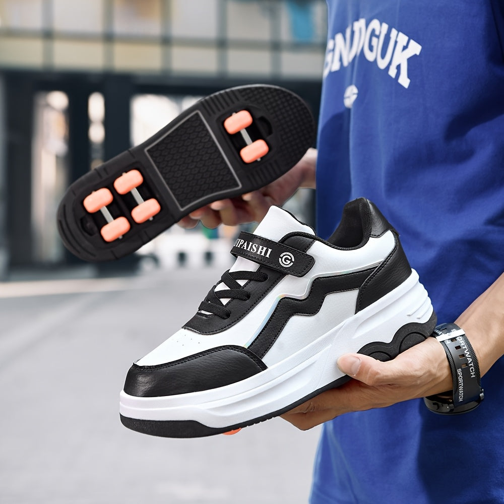 Coole Rolschaats Schoenen voor Kinderen en Tieners (t/m 14 Jaar) - Zwart/Wit Retro Sneakers met 6 Wieltjes - Unisex Sportschoenen voor Jongens en Meisjes