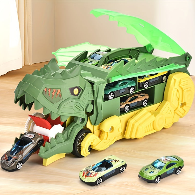 Dinosaurus Vrachtwagen Speelgoed Set, T-Rex met 6 Mini Auto's, Willekeurige Legering Auto's, Leuk Verjaardags- & Kerstcadeau voor Kinderen van 3-6 Jaar
