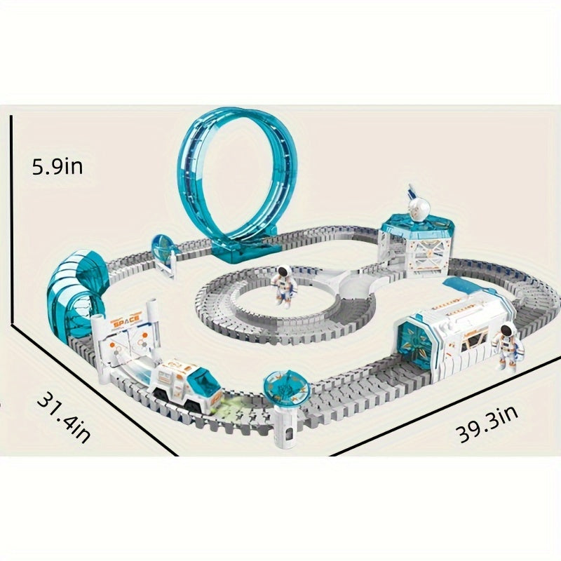 Ruimte Speelgoed voor Kinderen - 204-delige Treinspeelset voor Jongens & Meisjes 4-8 Jaar, Mini Sterrenprojector, Lichtgevende Auto en Astronaut Poppen, Flexibel Racebaan Set - Perfect voor Halloween & Kerst
