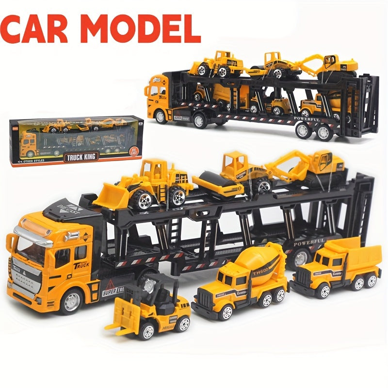 32cm Die-Cast Truck Set | 1x Vrachtwagen + 6 Mini Bouwvoertuigen | Vanaf 3 Jaar
