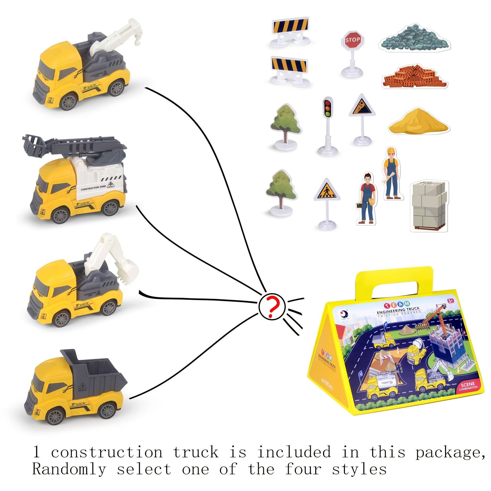 Speelset Bouwvoertuig met Wegborden & Kaarten – Inclusief Willekeurig Voertuig, Educatief Cadeau voor Kinderen