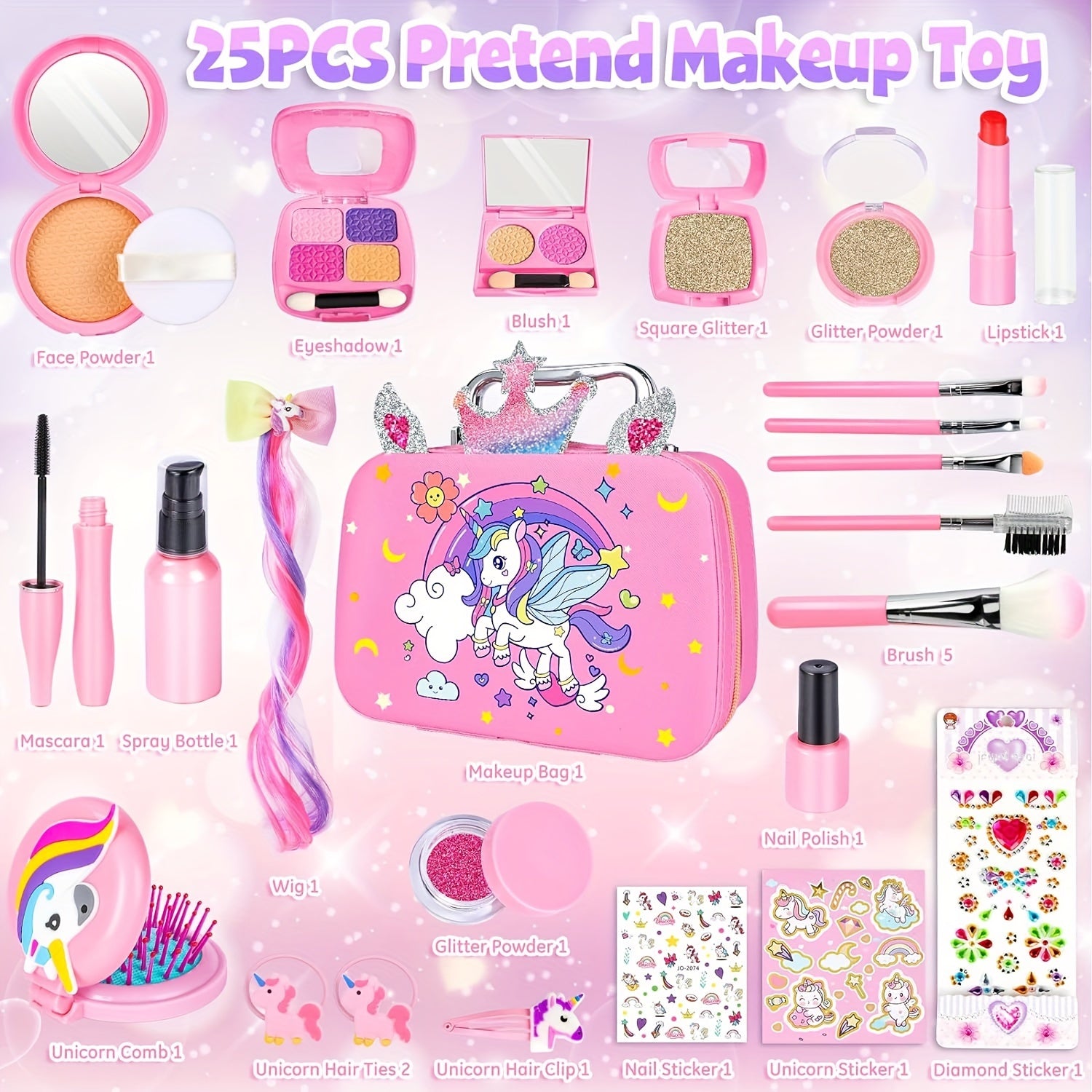 Make-up Set voor Kinderen - Afwasbare Make-up met Eenhoorn Tas - Voor Meisjes van 3 tot 12 Jaar - Ideaal voor Rollenspel & Verjaardags- of Kerstcadeaus