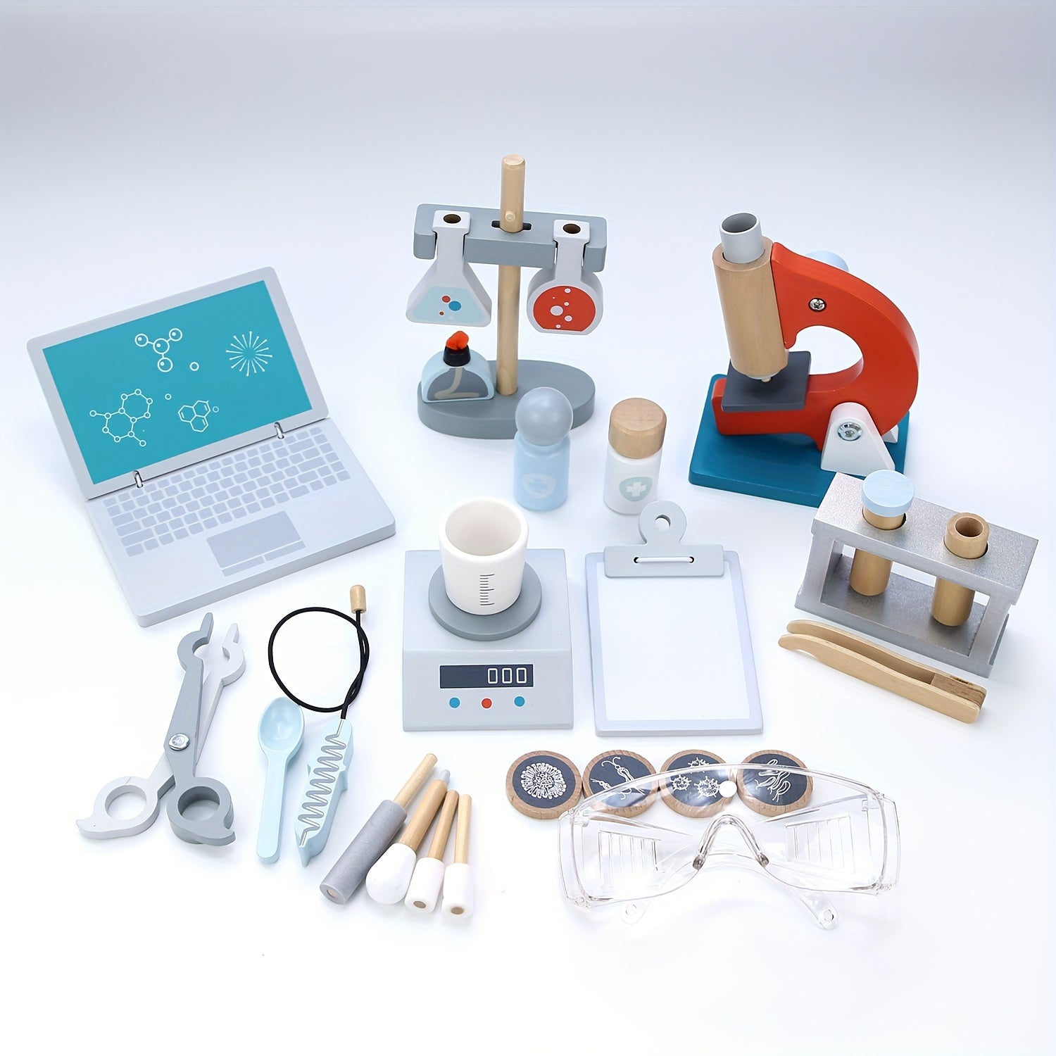 29-delige Houten Wetenschapper Set | STEM Educatief Speelgoed met Laptop, Microscoop & Bekers