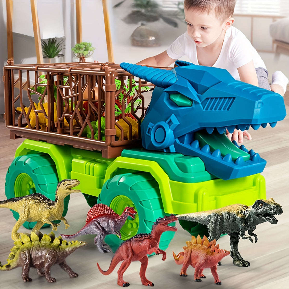 Dinosaurus Transporter Truck Speelgoed Set, 14-delige T-Rex Vrachtwagen met Educatief Speeltijd, Verjaardags- & Kerstcadeau voor Kinderen van 3-6 Jaar