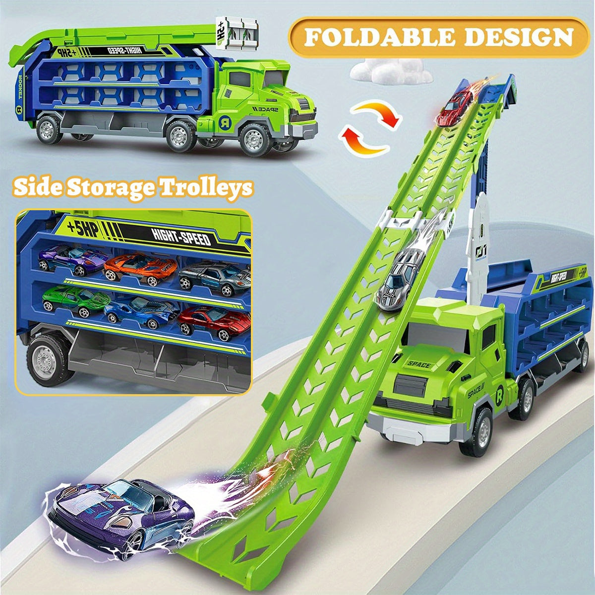 Dino Transport Truck & Racebaan Speelgoed | Wrijvingsvoertuig met Uitklapbare Racebaan | Inclusief Auto's | Cadeau voor 3-6 Jaar